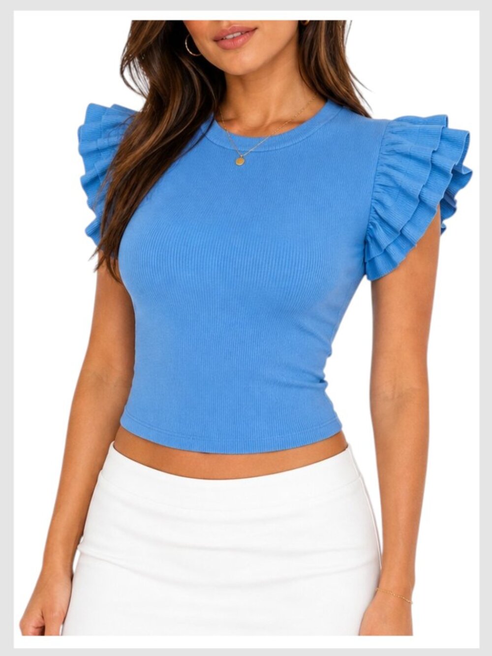 Zara Ribbed Crop Top Blue Ruffle Sleeve Crew Neck M